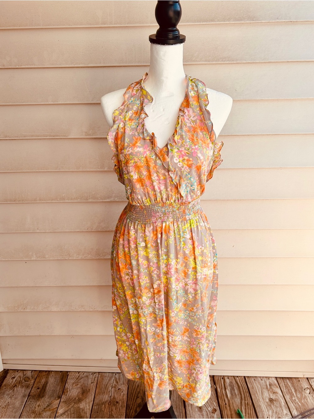 Rebecca Taylor Silk Floral Ruffle Halter Midi Dress in Peach Multi Size 2